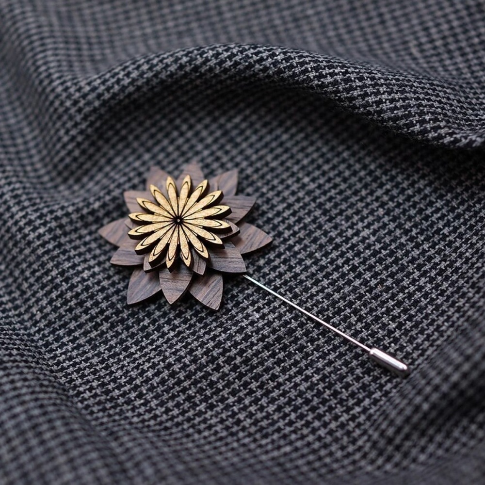 Modern Minimalistic Wooden Flower Lapel Pin 3D